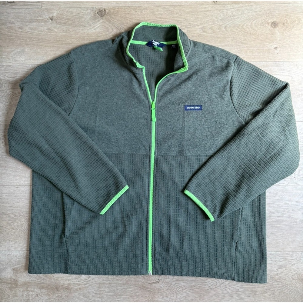 Lands End Mens Grid Fleece Full Zip Jacket Green Lightweight Outdoor XXL